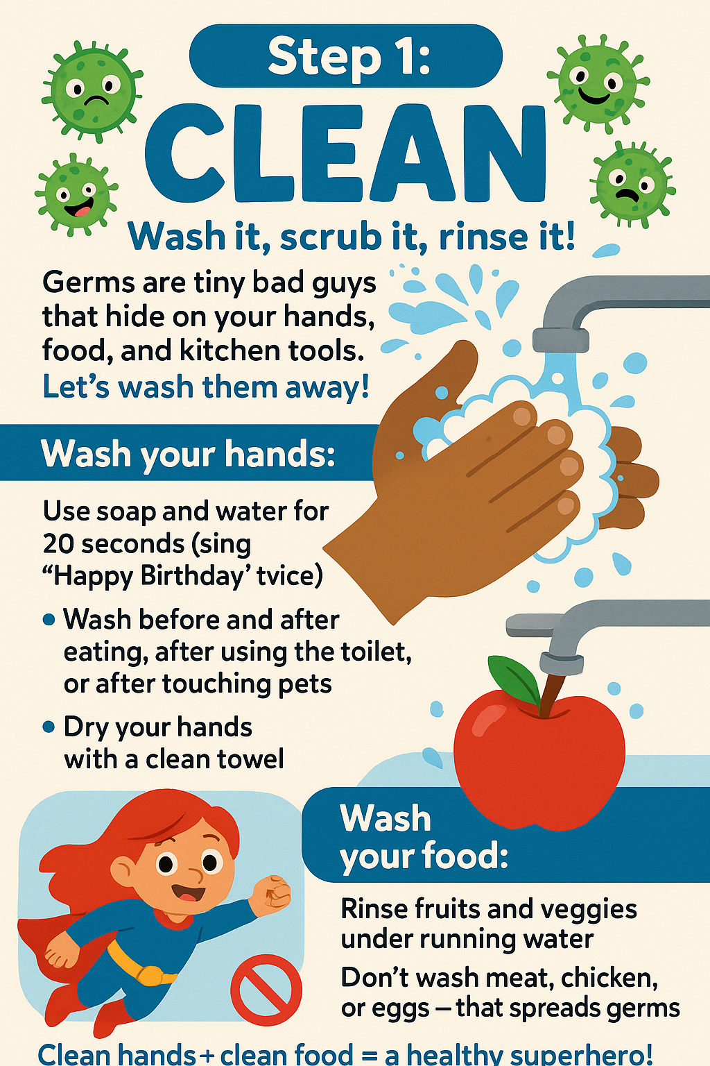 Step 1: CLEAN - Wash hands and food